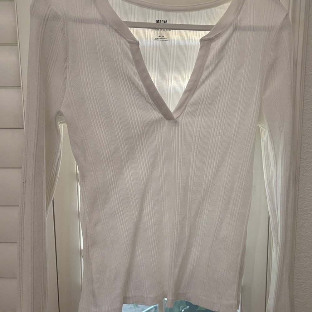 Maeve White Ribbed Long Sleeve V-Neck Top